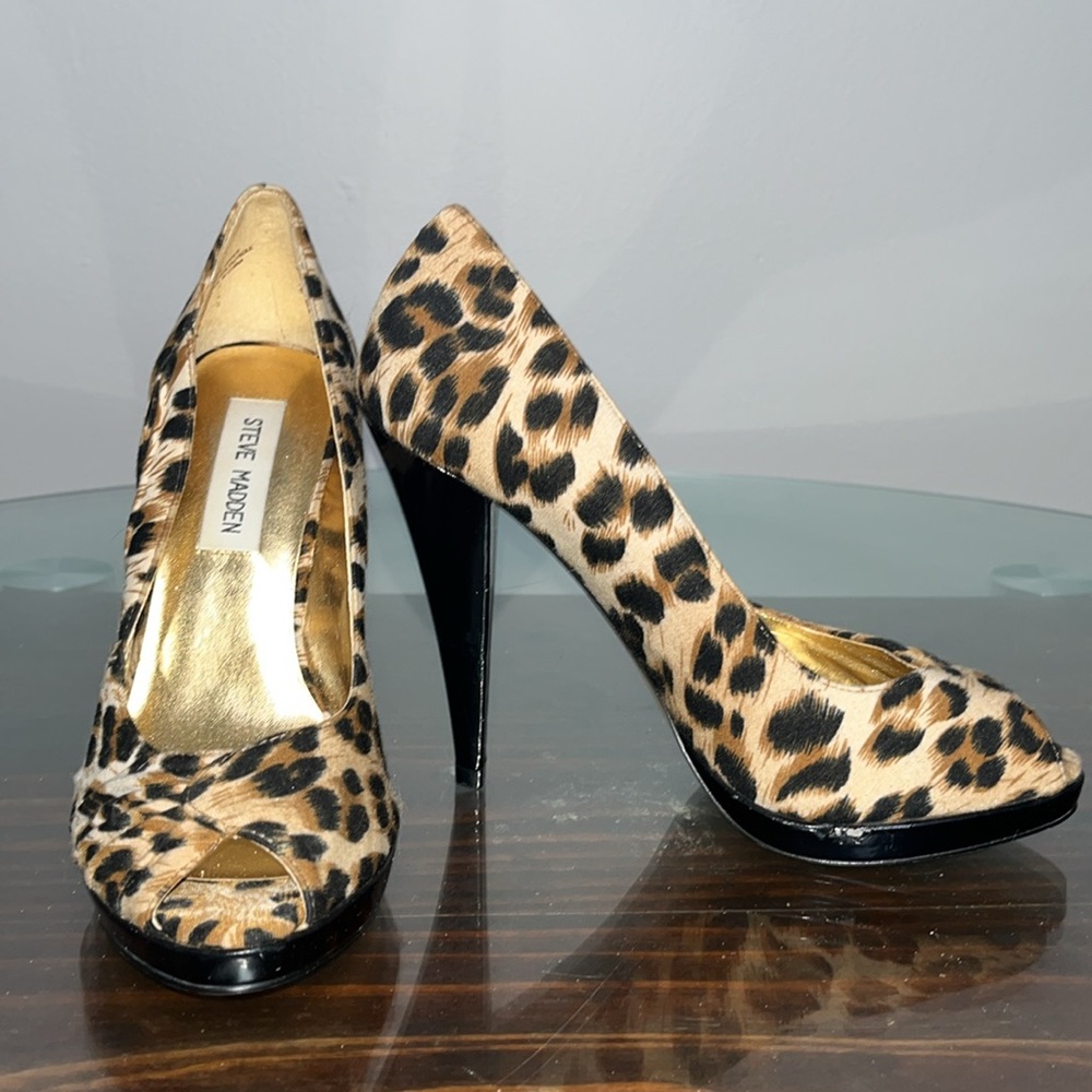 Steve Madden Richie Leopard Print Canvas Open Toe Heels 6